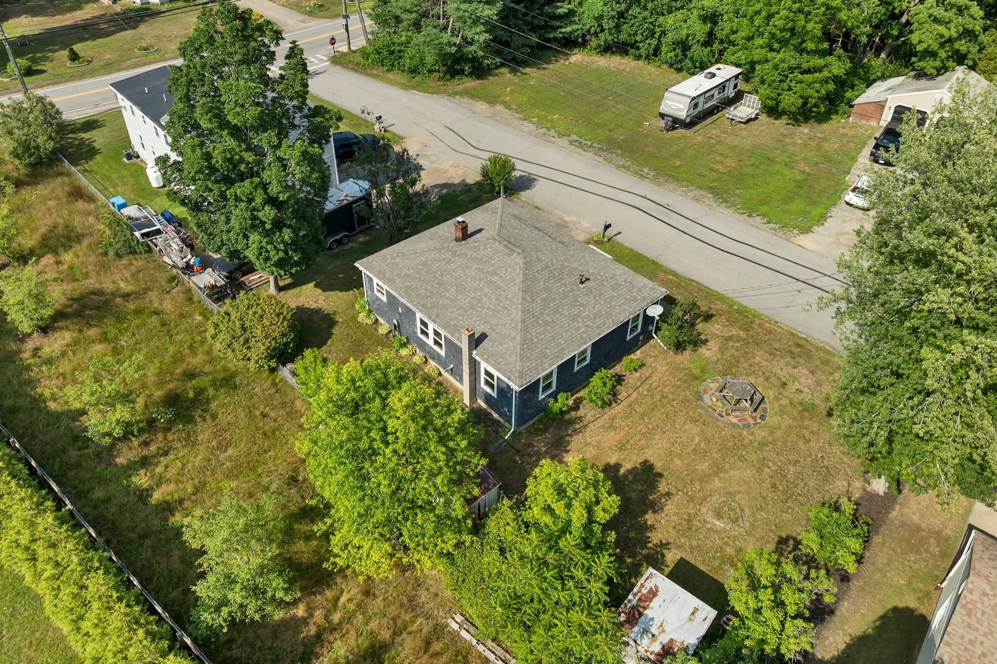 Aerial view of the quiet dead-end street the home sits on